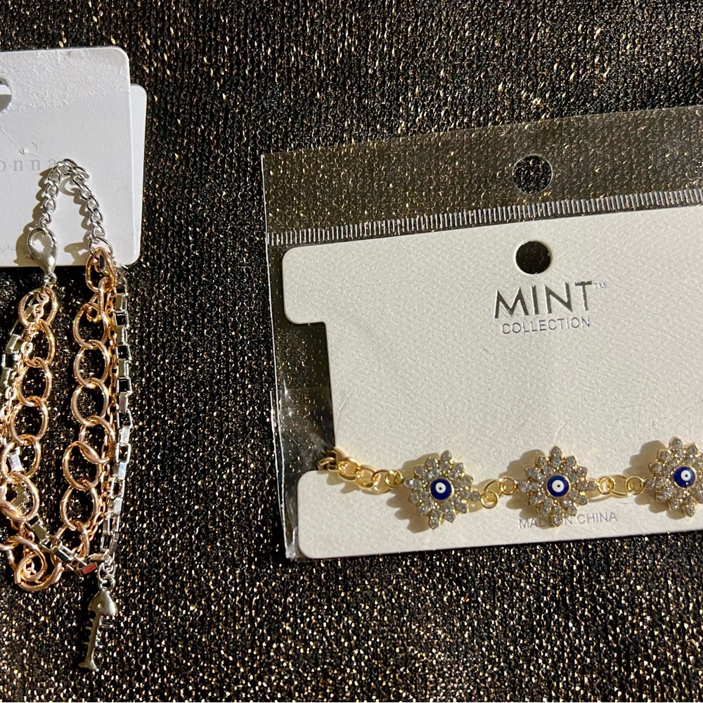 NEW Bracelets - Bundle Lot of 2/ Gold Tone/Silver Tone Floral Medallion Fishbone